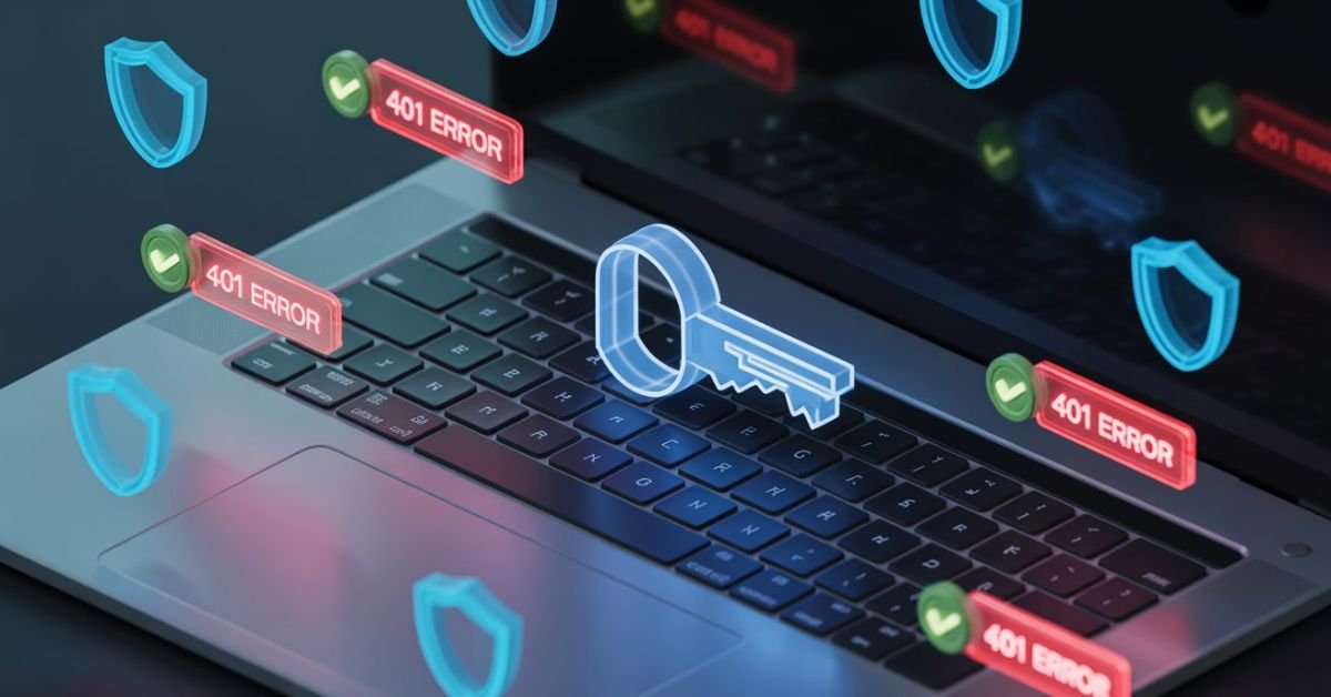 3D illustration of a digital API key being validated with green checkmarks and 401 error symbols.