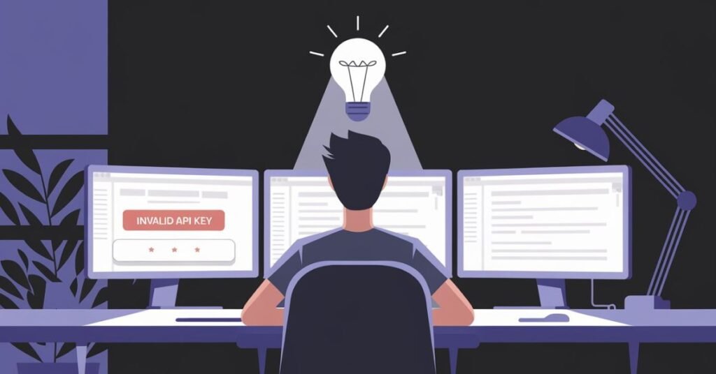 Minimalist illustration of a developer successfully resolving a technical API authentication error.