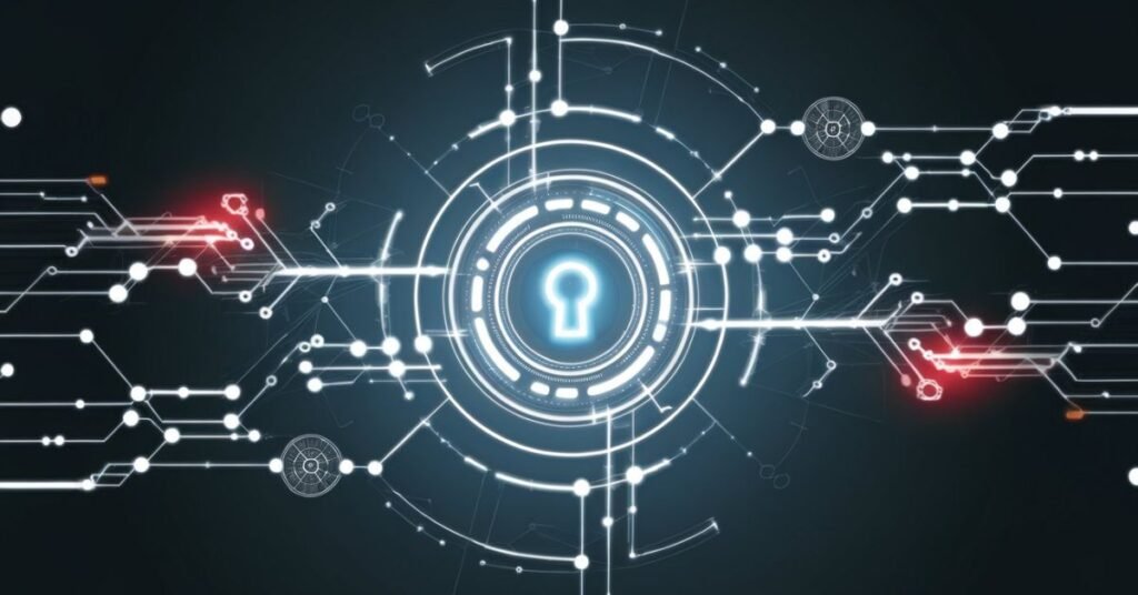 Abstract data flow diagram showing an API key connecting different cloud service nodes.