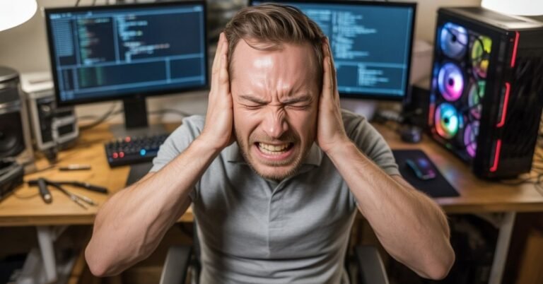 A frustrated man sitting at a messy desk with a loud, glowing gaming PC, pressing his hands over his ears to block out loud fan noise.