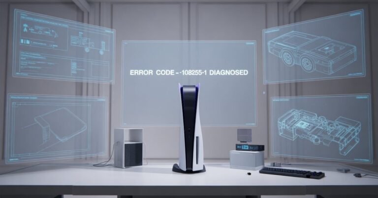 Expert troubleshooting guide for PS5 Error Code CE-108255-1 in 2026 showing a PlayStation 5 Pro with holographic system diagnostics and error repair data.