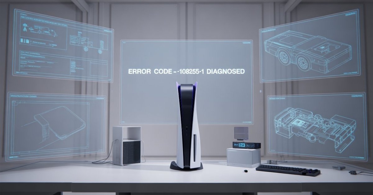 Expert troubleshooting guide for PS5 Error Code CE-108255-1 in 2026 showing a PlayStation 5 Pro with holographic system diagnostics and error repair data.