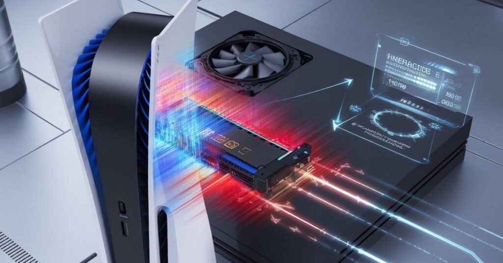 Internal view of PS5 hardware showing M.2 expansion SSD slot and thermal management cooling fans to prevent CE-108255-1 crashes caused by overheating.