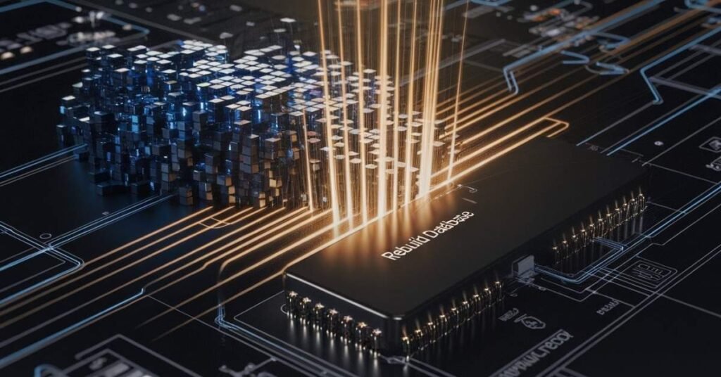 Visual representation of the PS5 Safe Mode Option 5 Rebuild Database process organizing corrupted SSD files to fix application crashes and system errors.