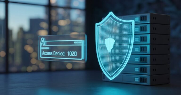 A 3D render showing a translucent "Error 1020: Access Denied" message floating before a glowing blue digital shield that protects a network server.
