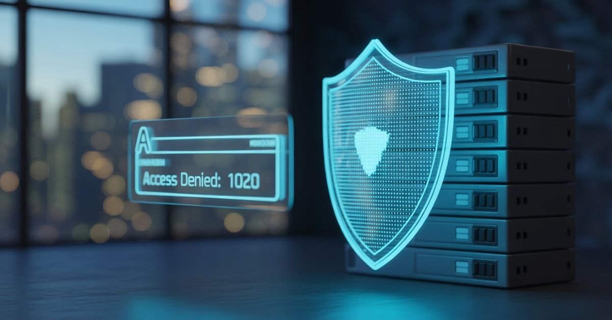 A 3D render showing a translucent "Error 1020: Access Denied" message floating before a glowing blue digital shield that protects a network server.
