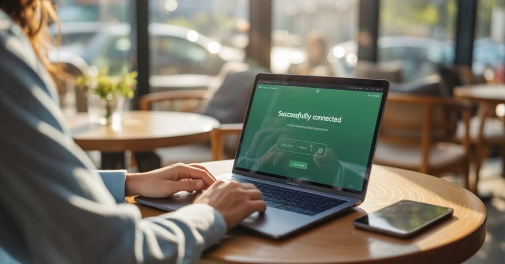 A digital nomad working successfully on a laptop in a bright, modern cafe, with the screen showing a green "Access Granted" message.