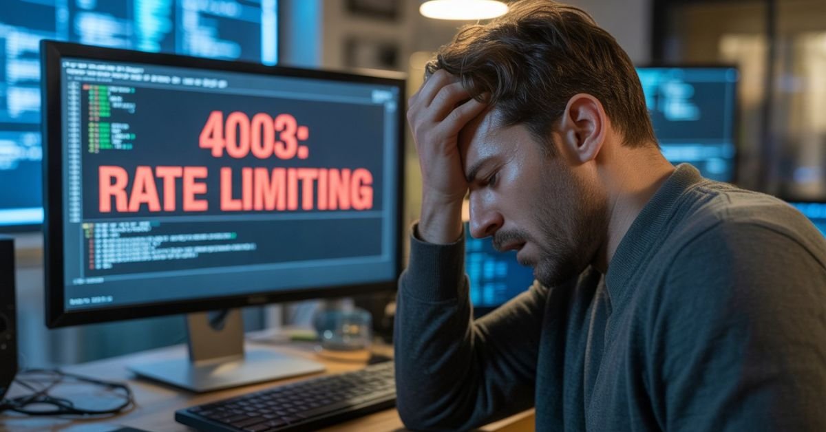 Frustrated professional facing 4003 rate limiting error on a computer screen, cinematic office lighting.