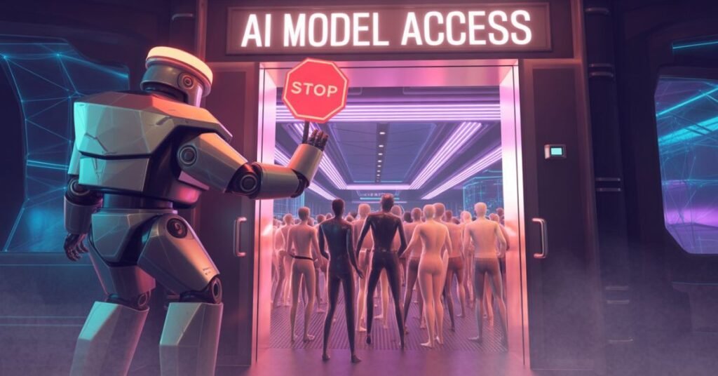 Futuristic digital bouncer blocking access to a glowing AI server room, representing AI rate limiting concept.