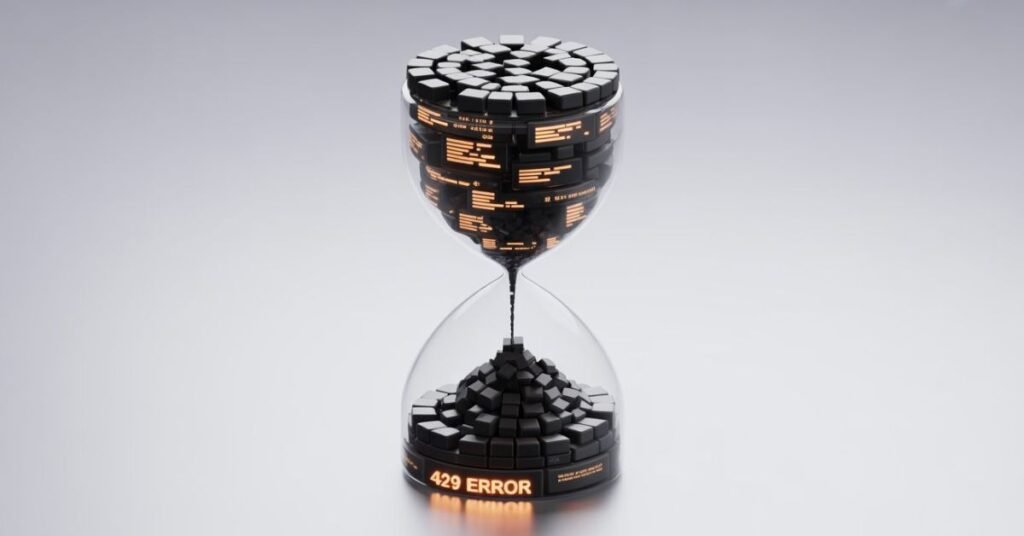 3D digital hourglass filled with glowing code blocks representing TPM and RPM bottlenecks in AI processing.
