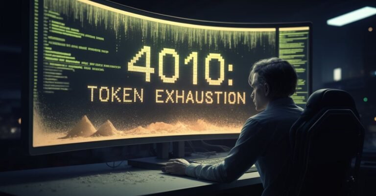 A weary AI developer at a dark desk staring at a monitor where digital text is crumbling into dust, displaying the 4010 Token Exhaustion error.
