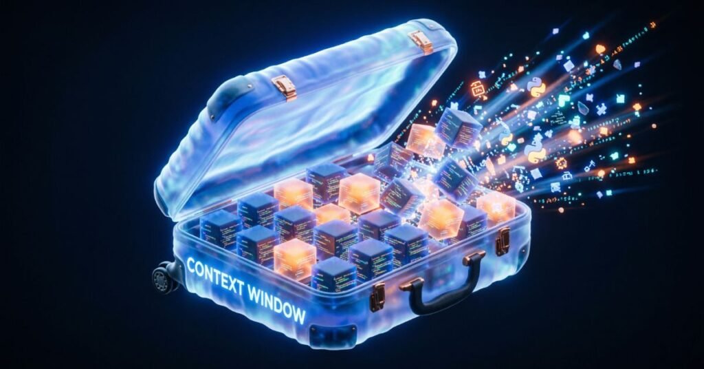 A futuristic 3D holographic suitcase labeled Context Window bursting open with glowing blocks of code and text, representing a token overflow.