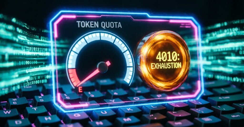 Close-up of a holographic dashboard with a needle pointing below empty on a Token Quota gauge, with a flashing amber 4010 exhaustion warning.