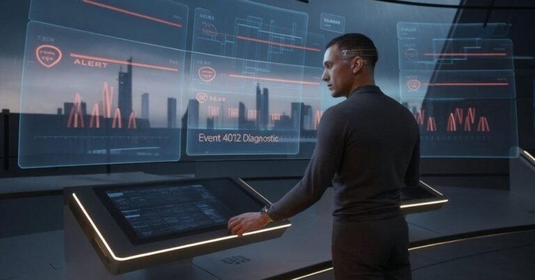 Senior IT Administrator in a 2026 network operations center diagnosing a DFSR Event 4012 replication error on a holographic display.