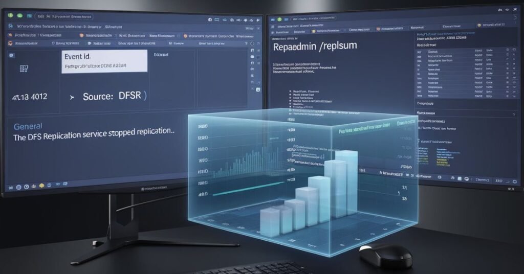 Windows Event Viewer showing Event ID 4012 alongside a PowerShell terminal running repadmin /replsum to identify DFS replication failures.