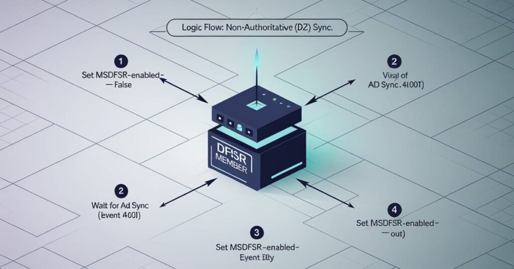 Infographic flowchart showing the non-authoritative D2 sync process by toggling the msDFSR-Enabled attribute from FALSE to TRUE in ADSI Edit.