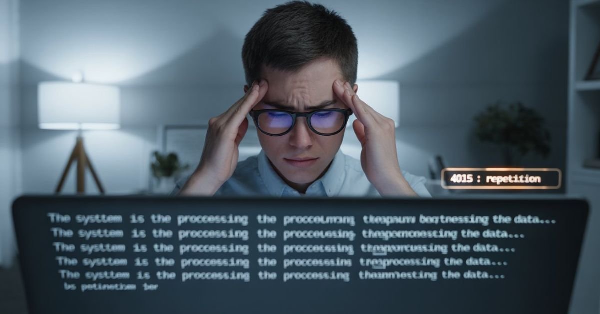 A frustrated user in a dark office facing a 4015 Repetition error where the AI screen is stuck in an infinite text loop.