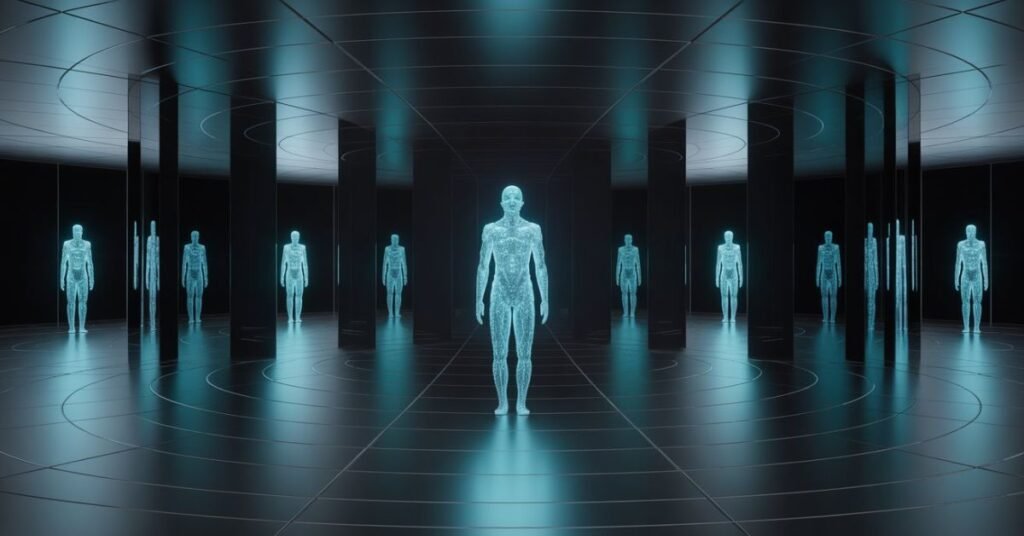 A conceptual 3D render of an AI figure trapped in a room of infinite mirrors, symbolizing a recursive logic loop.