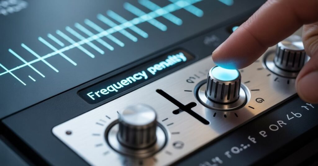 Close-up of a developer adjusting frequency penalty and temperature sliders on a digital interface to fix AI repetition.
