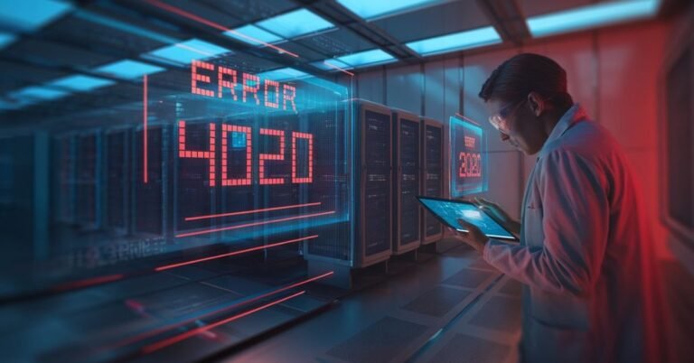 Futuristic server room with red 4020 error holographic warning.