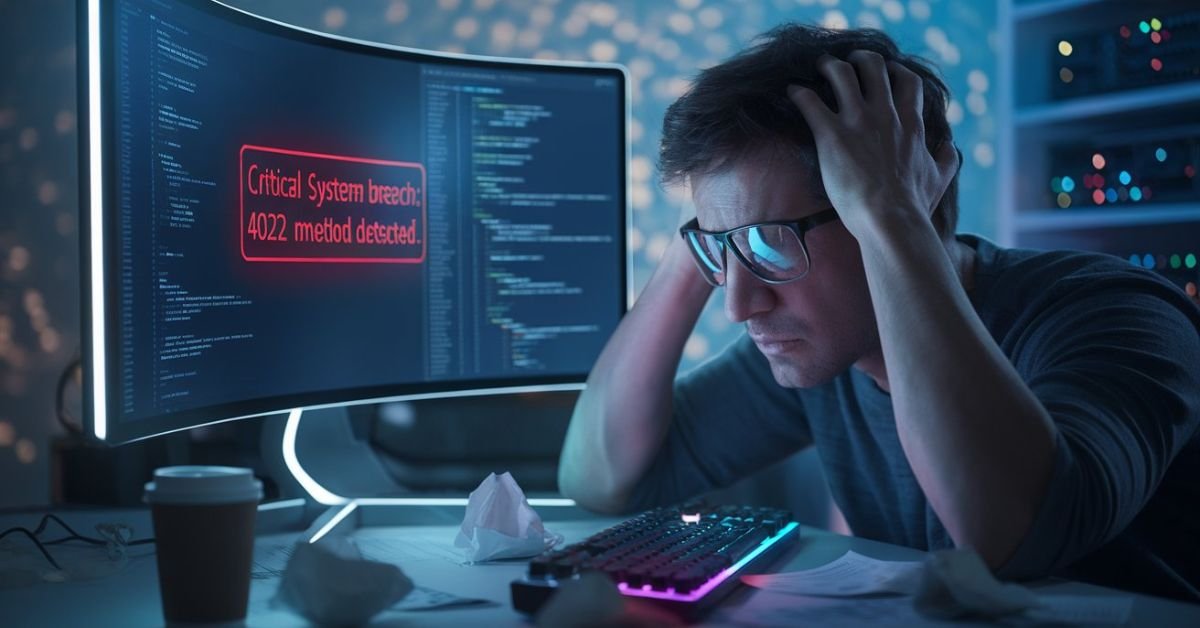 Software developer stressed by 4022 critical system breach error message on monitor.