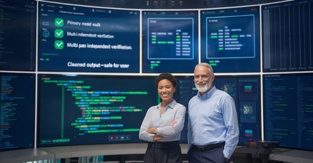 Cybersecurity analysts monitoring multi-pass independent verification dashboard in a SOC.