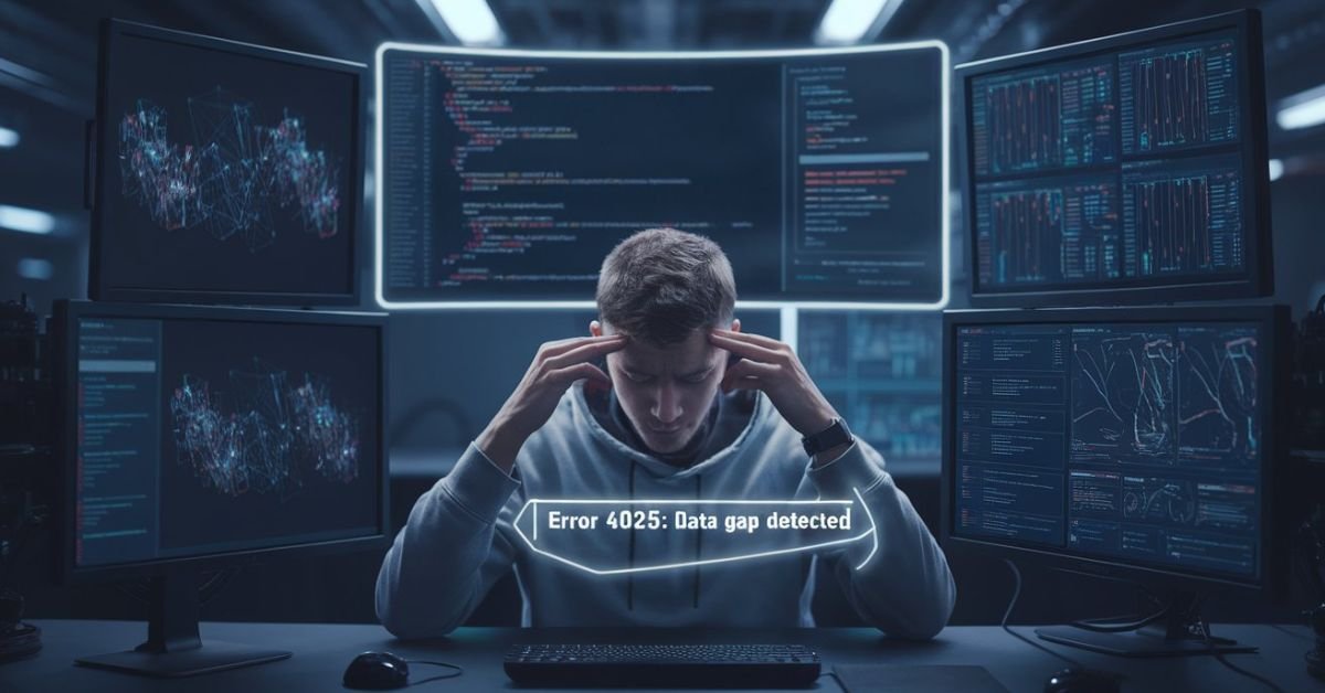 Frustrated engineer troubleshooting the 4025 Data Gap synchronization error on a multi-monitor RAG database workstation.