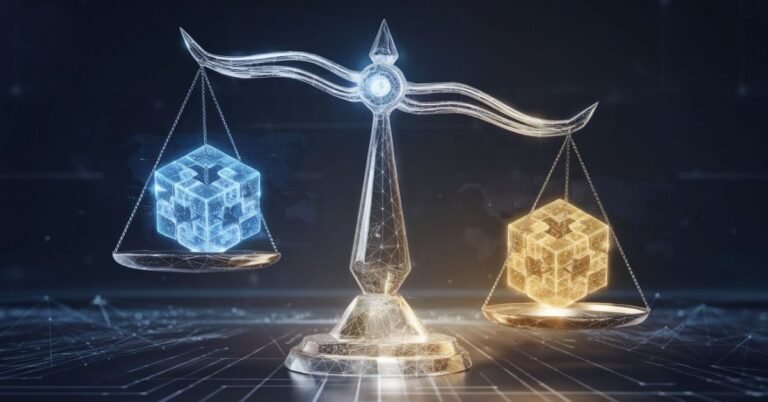 A digital scale balancing blue and gold data nodes to represent AI neutrality and the fix for Error 4030 Subjective Bias.