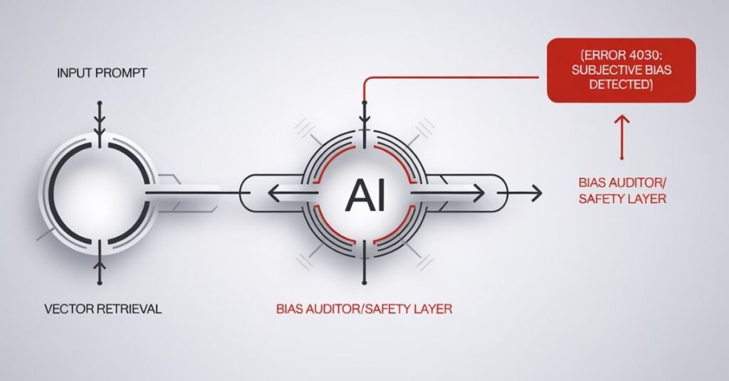 Technical flowchart showing how the AI Bias Auditor triggers a 4030 error during the RAG retrieval process.