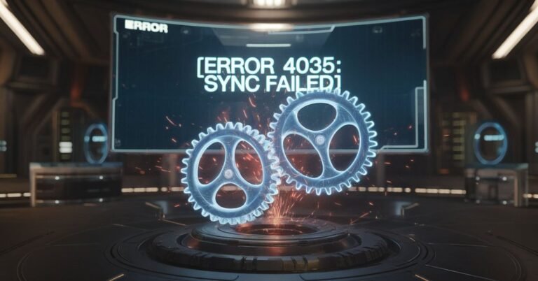 Futuristic glowing blue gears failing to synchronize, representing the 4035 AI Sync Issue.
