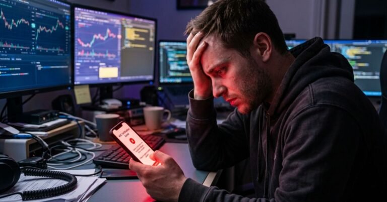A frustrated man looks at a smartphone displaying a red "KYC Verification Failed" error in a dimly lit home office with multiple monitors.