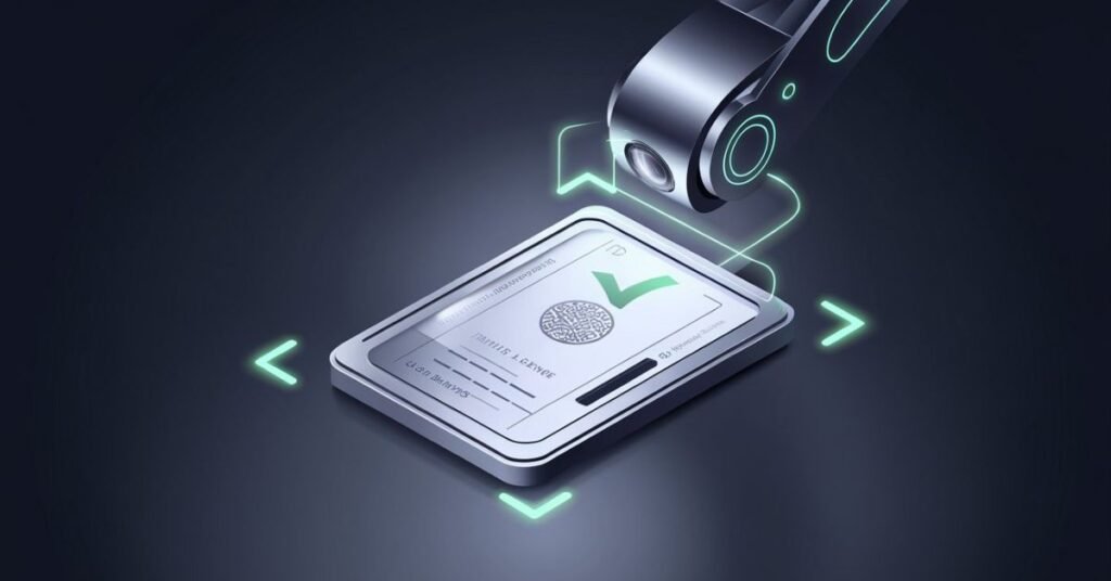 Minimalist isometric illustration showing the correct way to scan an ID on a dark, matte surface with a robotic camera and a green checkmark.