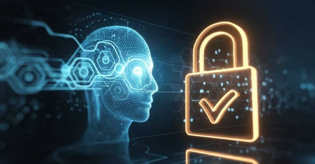 Stylized representation of digital identity success featuring a glowing blue biometric facial scan and a gold lock with a green satisfaction checkmark.