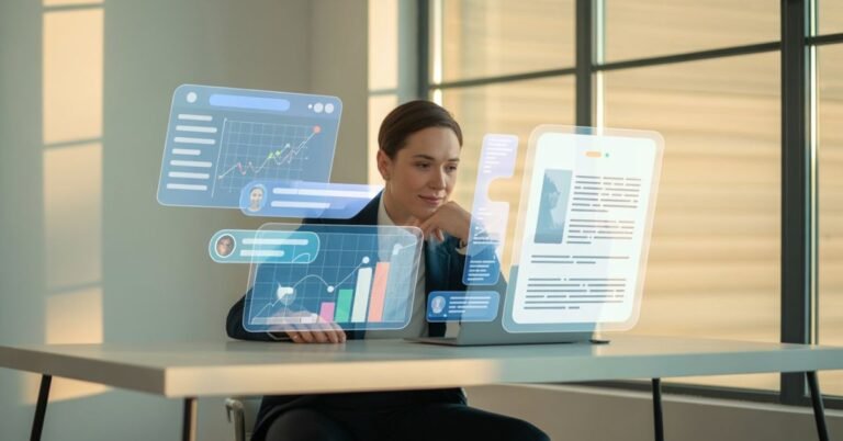 Small business owner using AI tools on a laptop with holographic interface panels showing charts and content drafts in a modern home office