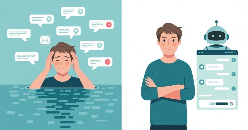 Split illustration showing a stressed business owner overwhelmed
by customer messages on the left, and a relaxed owner with an
AI chatbot handling customer support automatically on the right