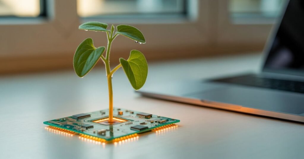Green seedling growing out of a glowing circuit board on a clean white desk next to a laptop, representing small business growth through AI technology