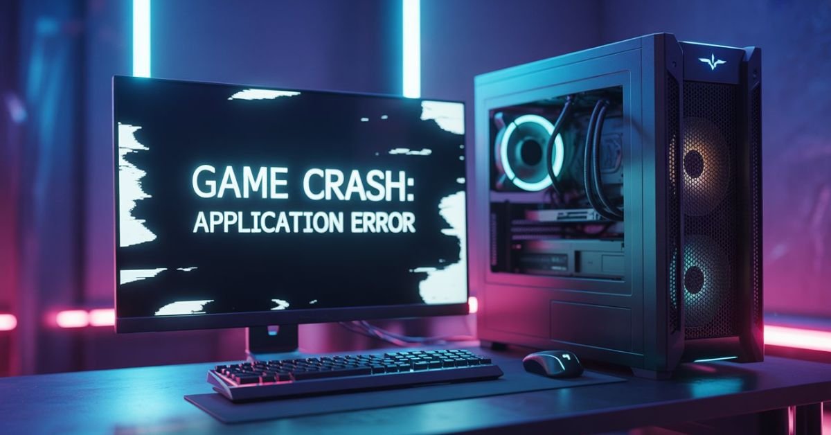 Professional gaming PC setup showing a game crash error message on the monitor.