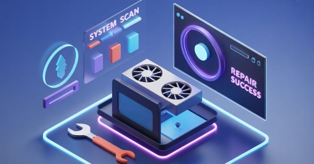 3D illustration of a PC repair toolkit and graphics card representing quick software fixes.