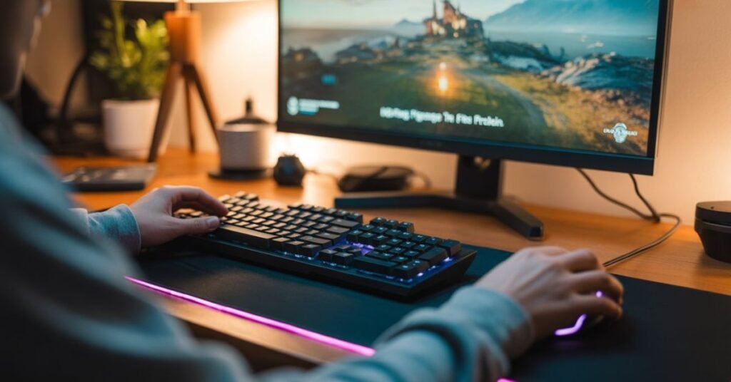First-person view of a gamer successfully loading a game after fixing startup crashes.