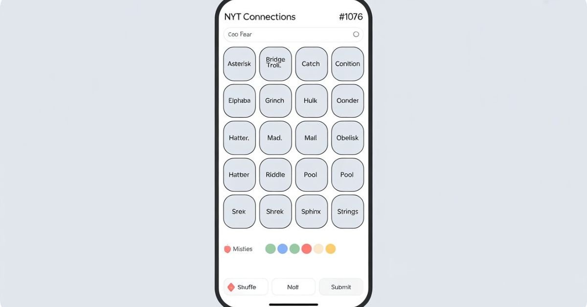NYT Connections puzzle #1076 grid for May 22 2026 showing all 16 words before solve