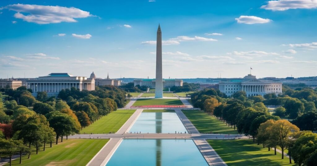 Aerial photo of the National Mall Washington DC showing the reflecting pool Capitol building and Washington Monument obelisk