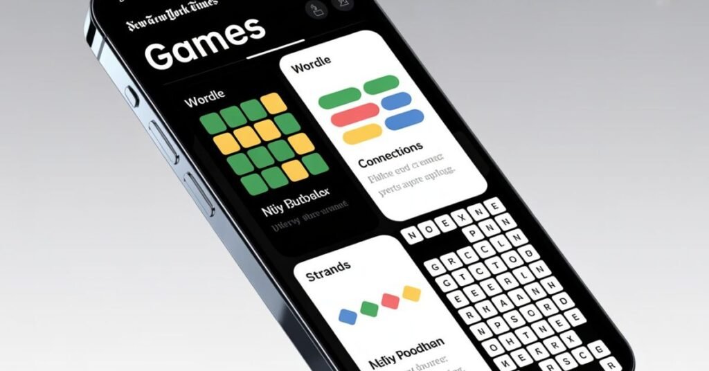 NYT Games app showing Connections Wordle and Strands puzzle icons on a mobile screen