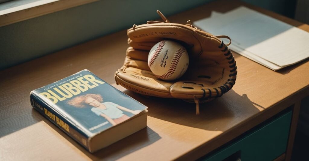 Nostalgic paperback book Blubber by Judy Blume next to an old leather baseball glove