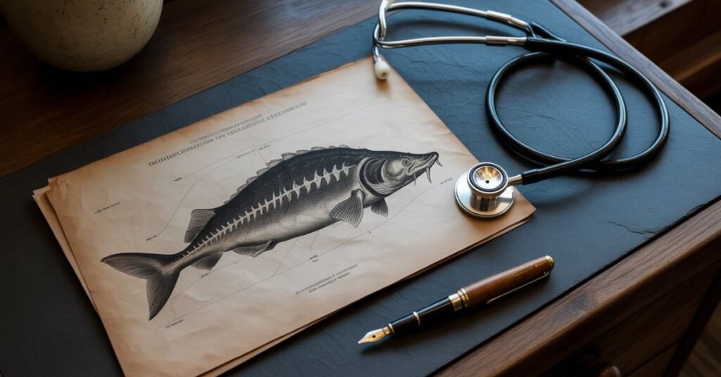 Vintage anatomical sturgeon fish illustration next to a medical stethoscope on dark background