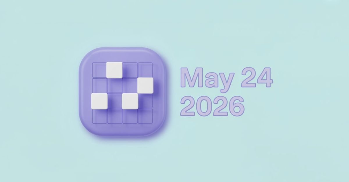 A minimalist featured image banner for NYT Connections puzzle on May 24, 2026, featuring a purple and white grid icon with the text "MAY 24 2026" on a soft lavender background.