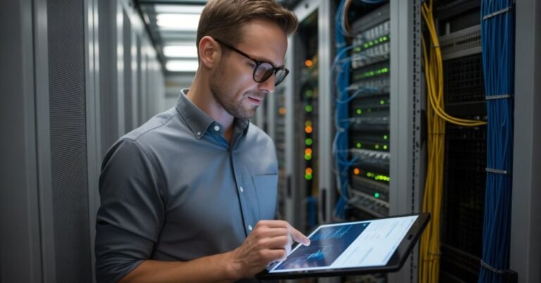 Network troubleshooting specialist Marcus Webb working in a modern server room with enterprise firewall equipment.