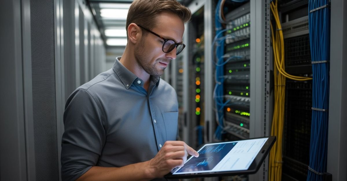 Network troubleshooting specialist Marcus Webb working in a modern server room with enterprise firewall equipment.