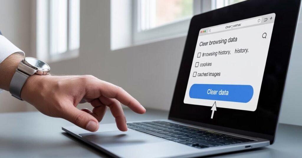 Close up of a laptop screen showing Google Chrome settings to clear cookies and cache to fix URL rejection.
