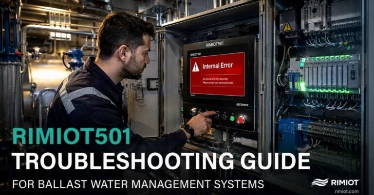 Technician troubleshooting RimioT501 internal error on industrial BWMS controller inside ship engine room
