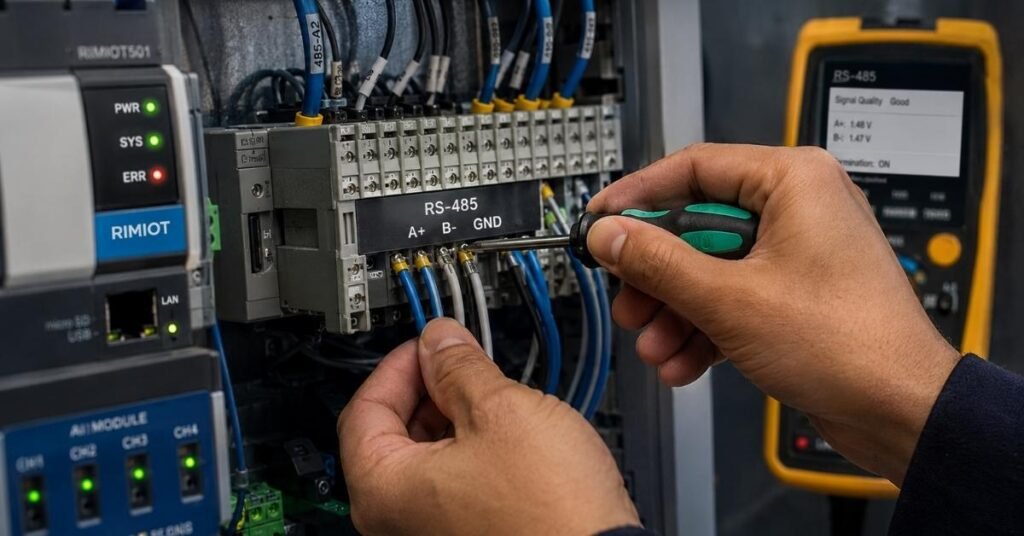 RS-485 wiring inspection on RimioT501 controller showing communication terminals and industrial cabling